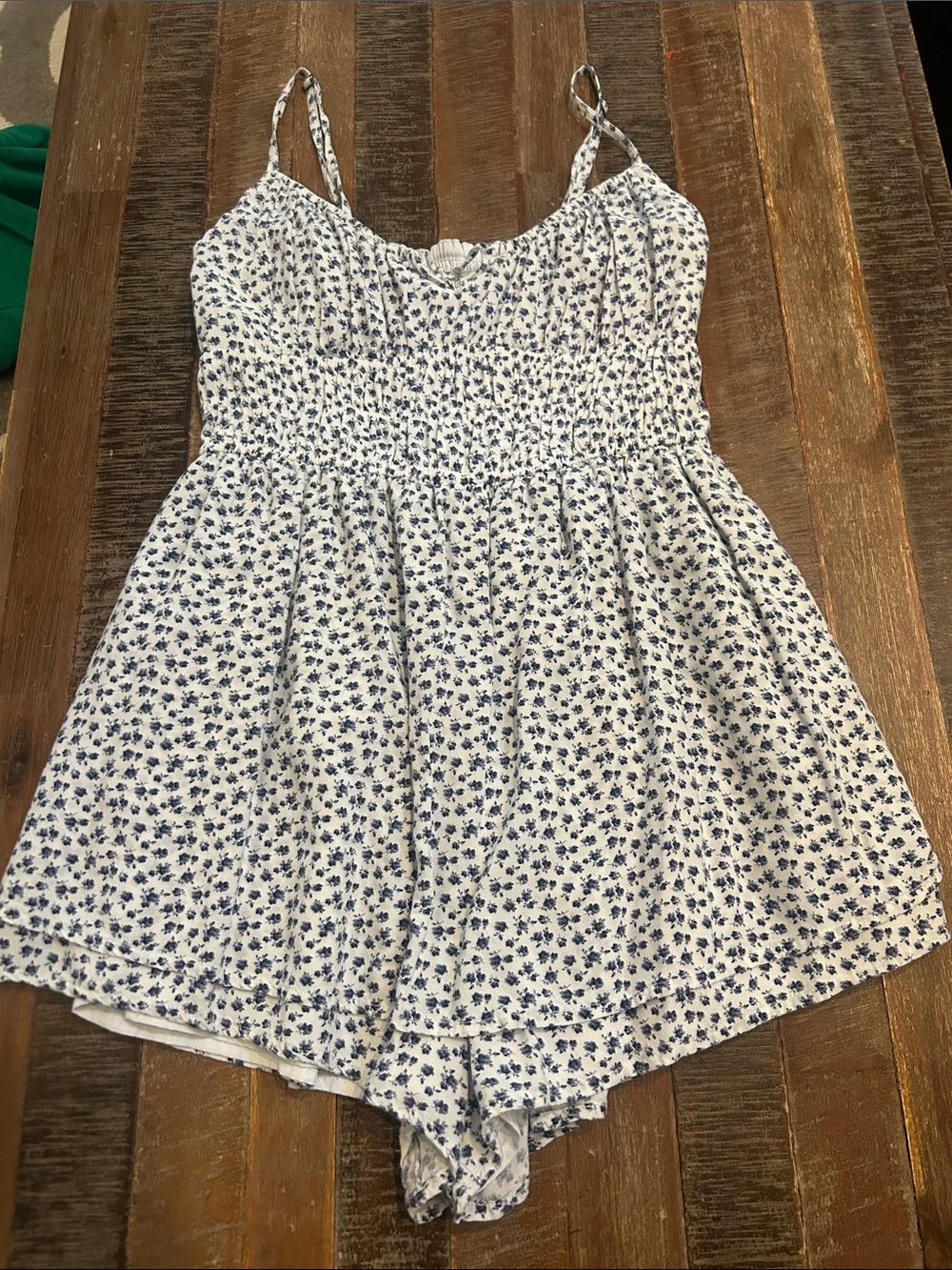 Hollister White and Navy Floral Smocked Romper